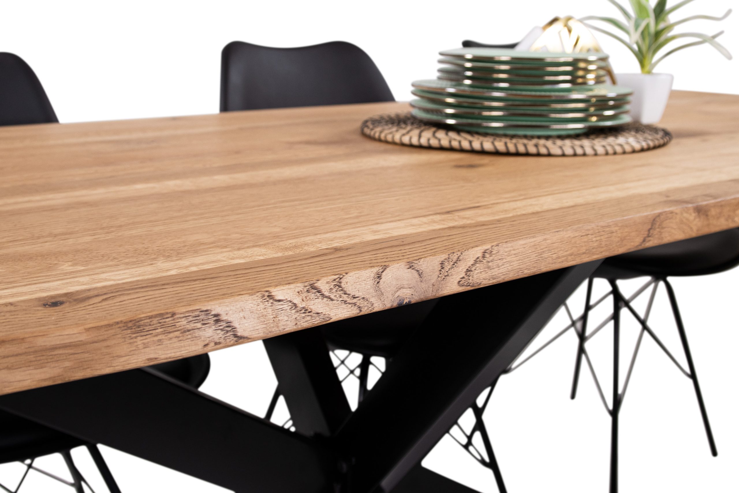 Esstisch 160(260)x85 cm mit Ansteckplatten Baumkante Wildeiche massiv Spider-Gestell schwarz SERRA – Bild 7