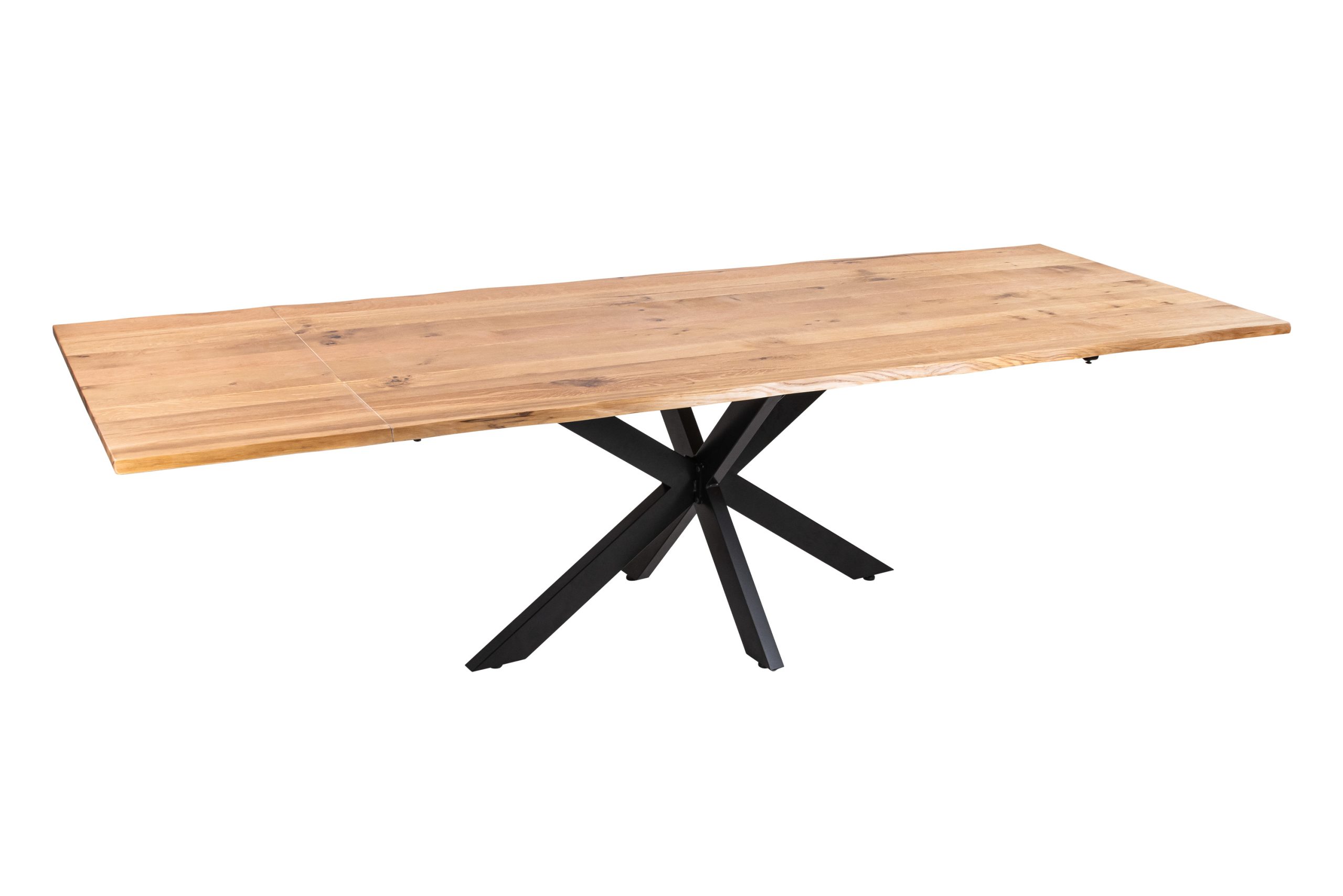 Esstisch 180(280)x90 cm mit Ansteckplatten Baumkante Wildeiche massiv Spider-Gestell schwarz SERRA – Bild 2