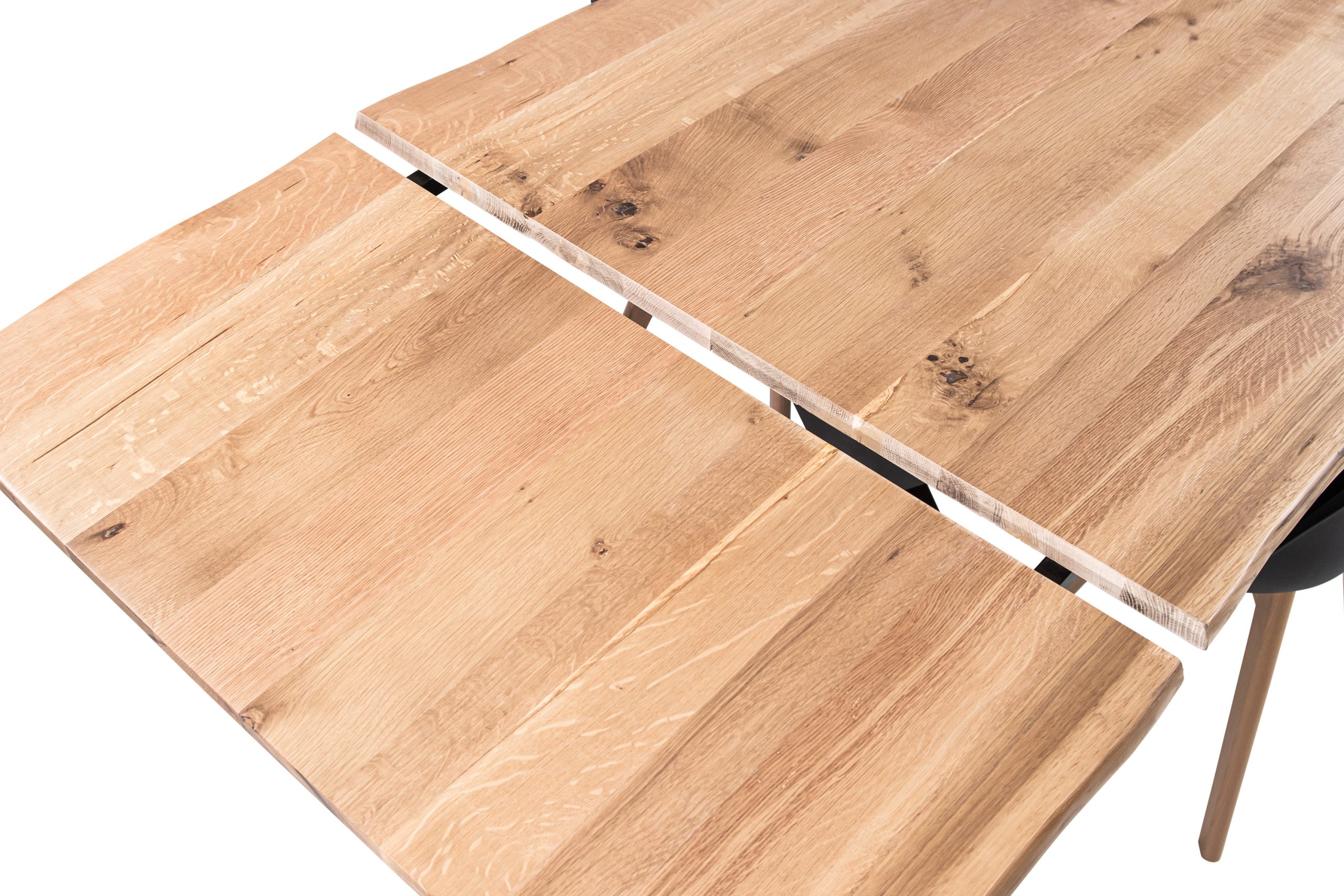 Esstisch 180(280)x90 cm mit Ansteckplatten Baumkante Wildeiche massiv Spider-Gestell schwarz SERRA – Bild 6