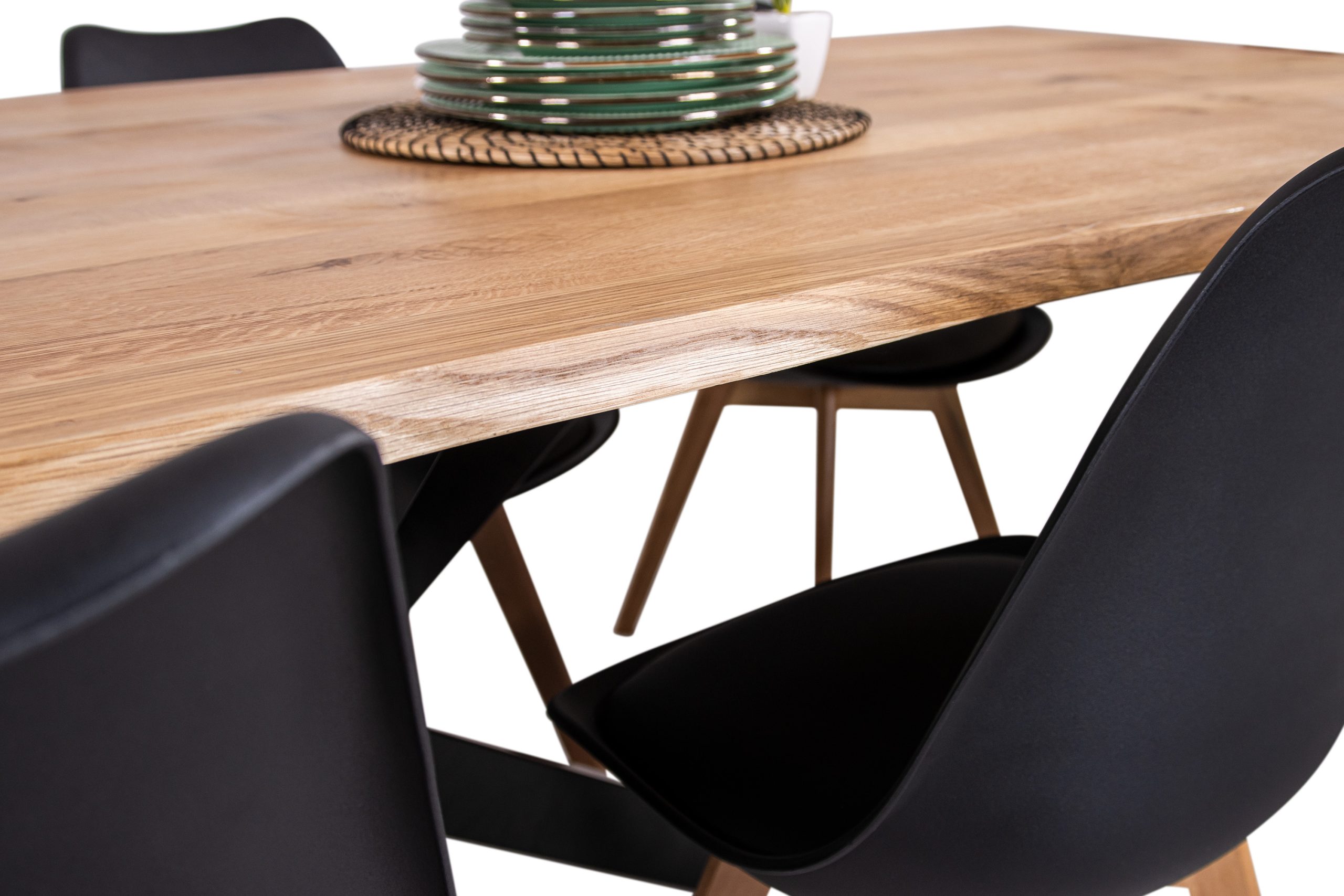 Esstisch 180(280)x90 cm mit Ansteckplatten Baumkante Wildeiche massiv Spider-Gestell schwarz SERRA – Bild 7