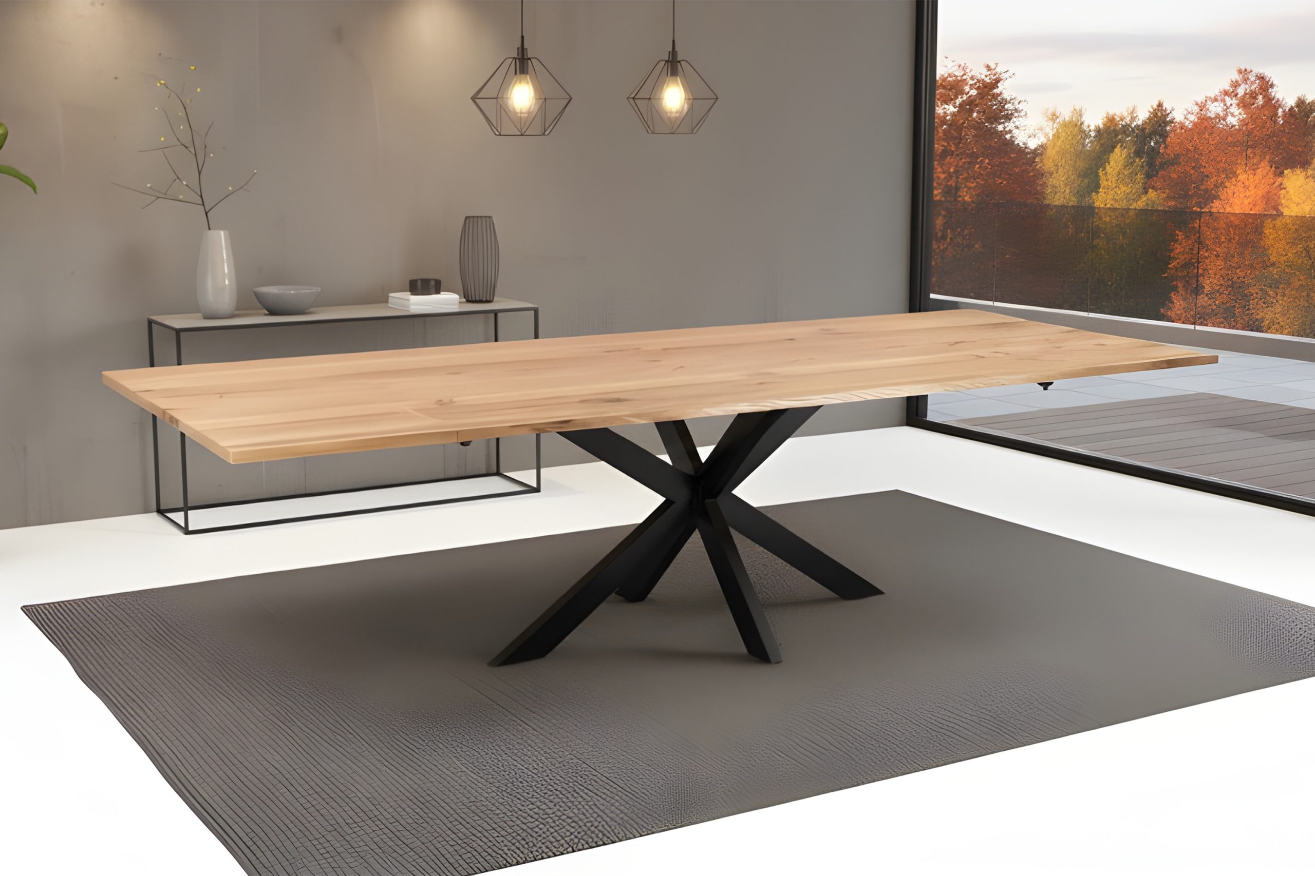 Esstisch 200(300)x100 cm mit Ansteckplatten Baumkante Wildeiche massiv Spider-Gestell schwarz SERRA