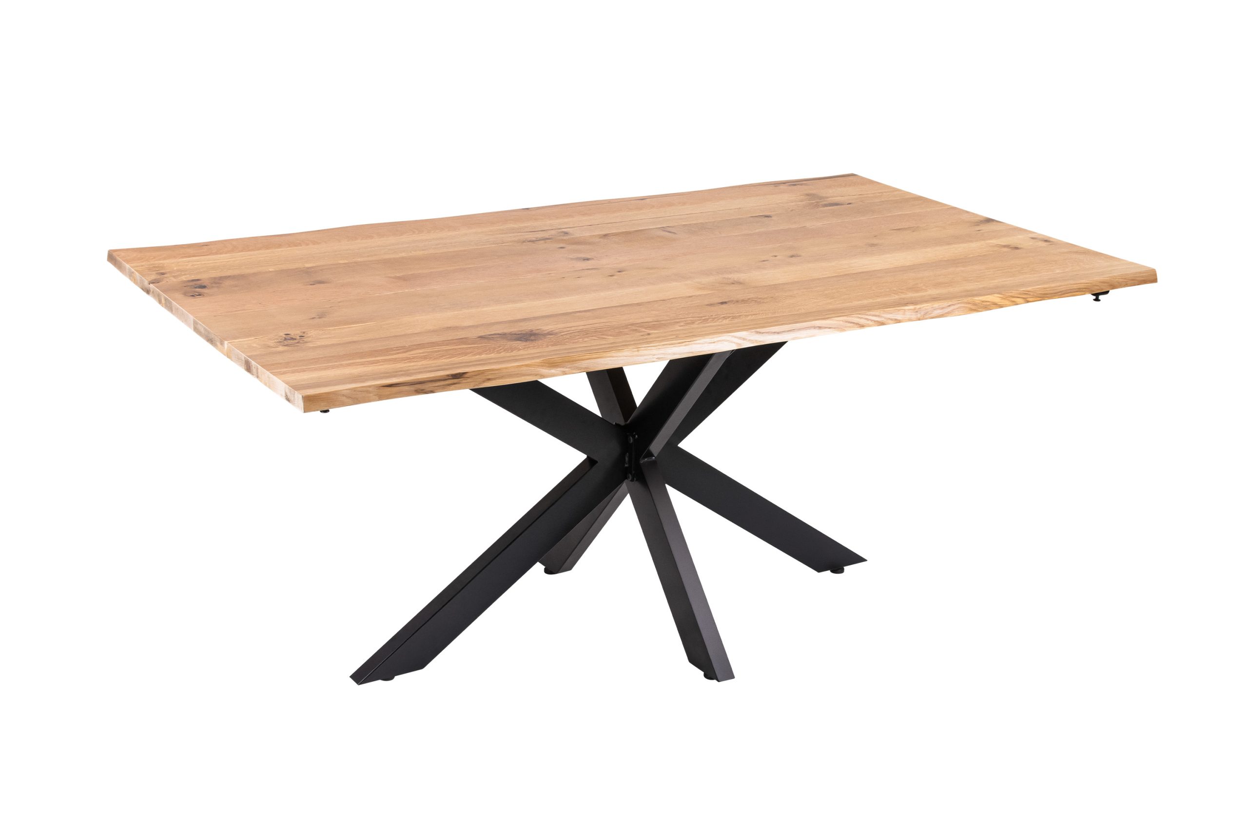 Esstisch 200(300)x100 cm mit Ansteckplatten Baumkante Wildeiche massiv Spider-Gestell schwarz SERRA – Bild 4