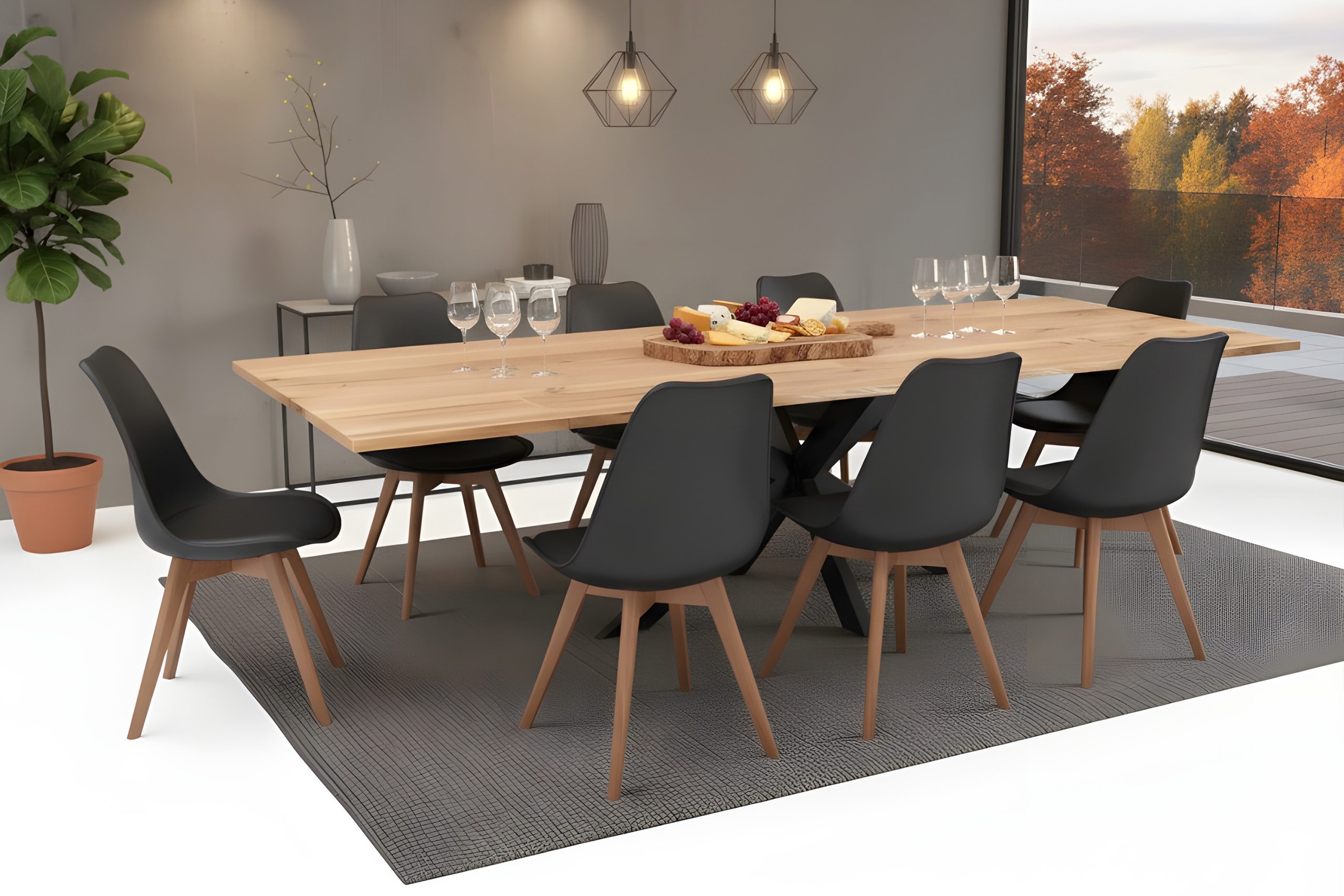 Esstisch 200(300)x100 cm mit Ansteckplatten Baumkante Wildeiche massiv Spider-Gestell schwarz SERRA – Bild 5