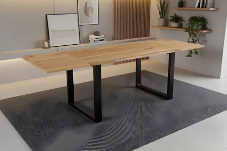 Esstisch 120(200)x80 cm mit Ansteckplatten Baumkante Wildeiche massiv U-Gestell schwarz SERRA