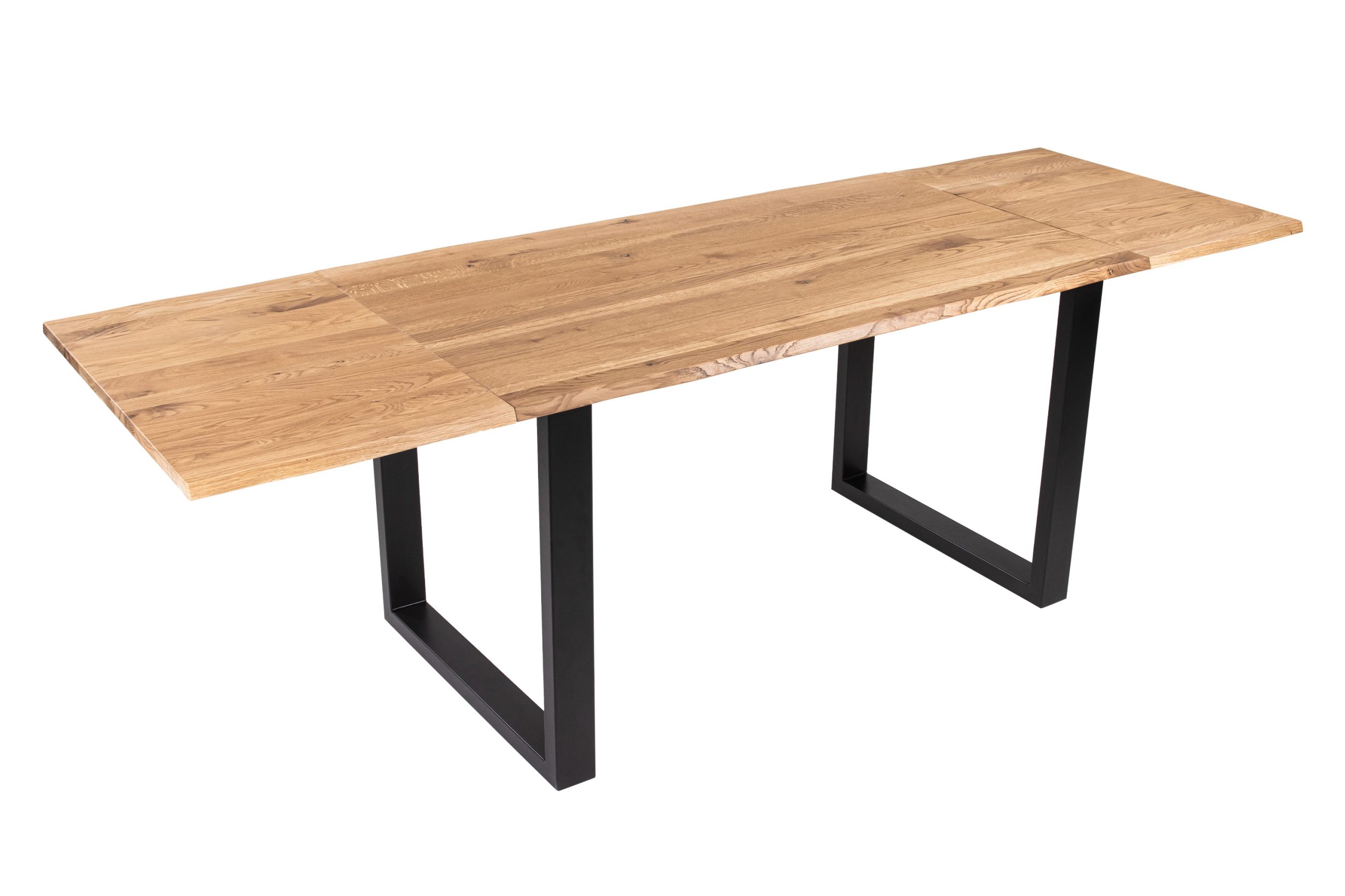 Esstisch 120(200)x80 cm mit Ansteckplatten Baumkante Wildeiche massiv U-Gestell schwarz SERRA – Bild 2