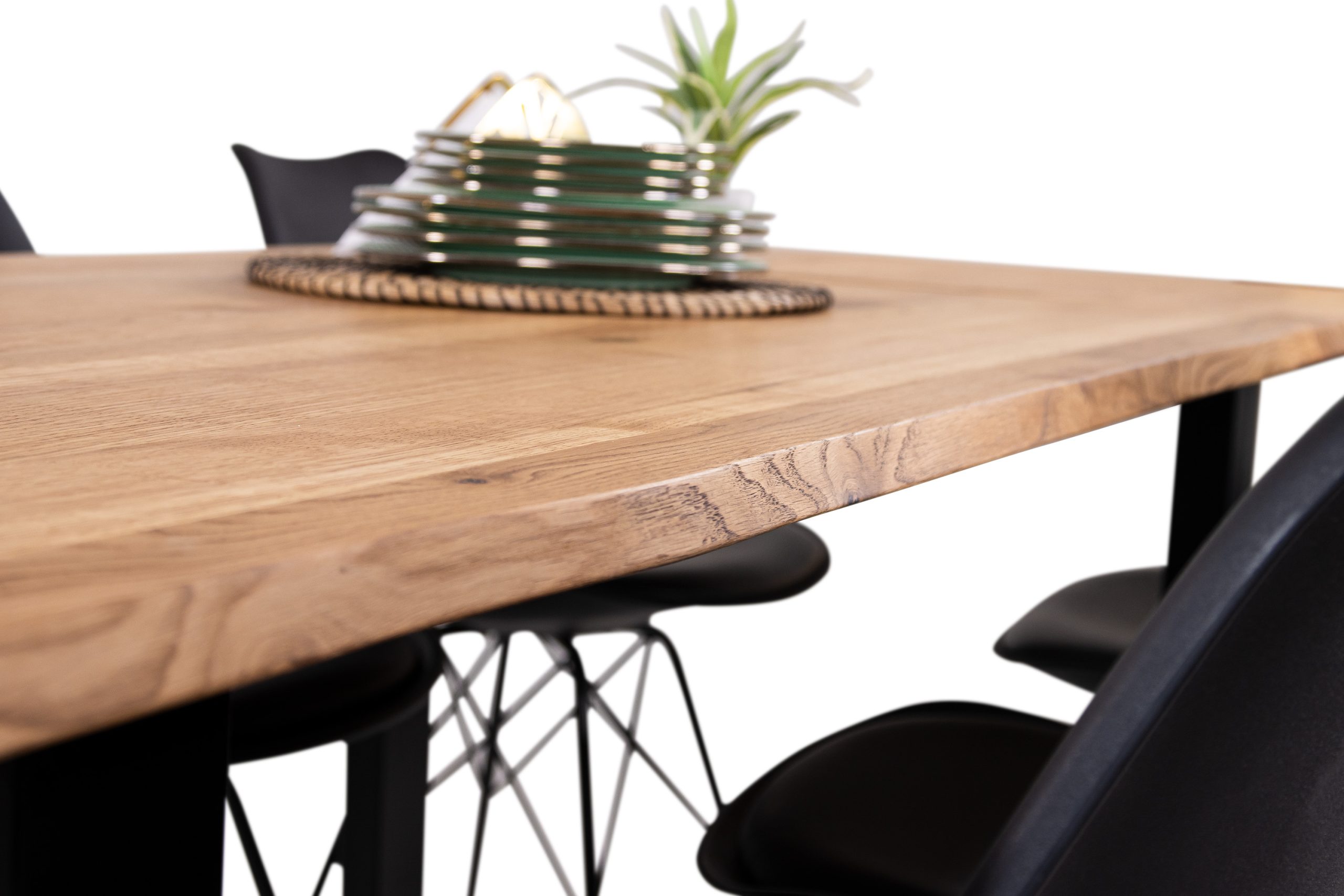 Esstisch 120(200)x80 cm mit Ansteckplatten Baumkante Wildeiche massiv U-Gestell schwarz SERRA – Bild 7