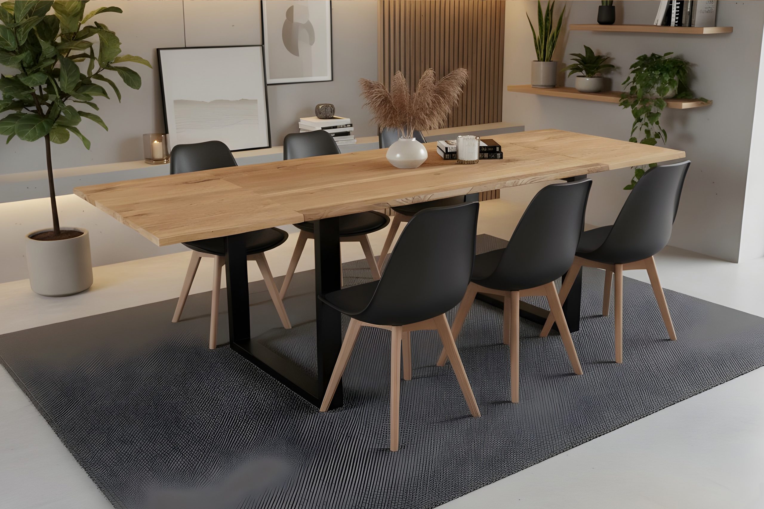 Esstisch 140(220)x80 cm mit Ansteckplatten Baumkante Wildeiche massiv U-Gestell schwarz SERRA – Bild 5