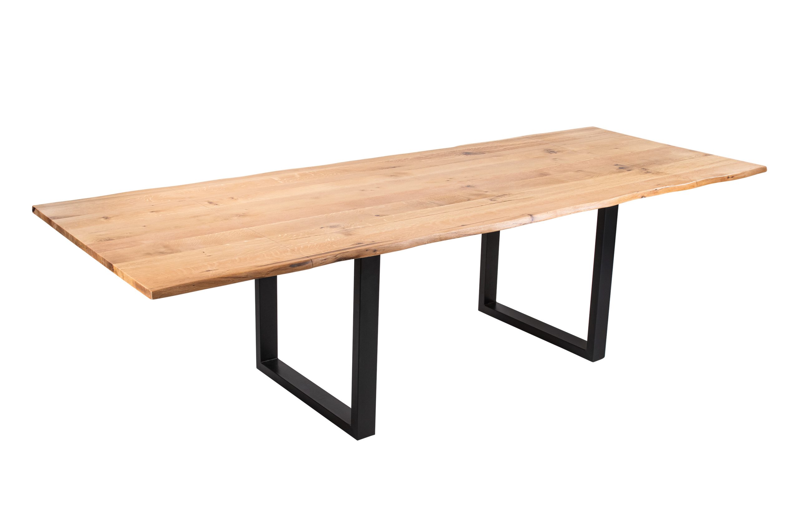 Esstisch 200(300)x100 cm mit Ansteckplatten Baumkante Wildeiche massiv U-Gestell schwarz SERRA – Bild 2