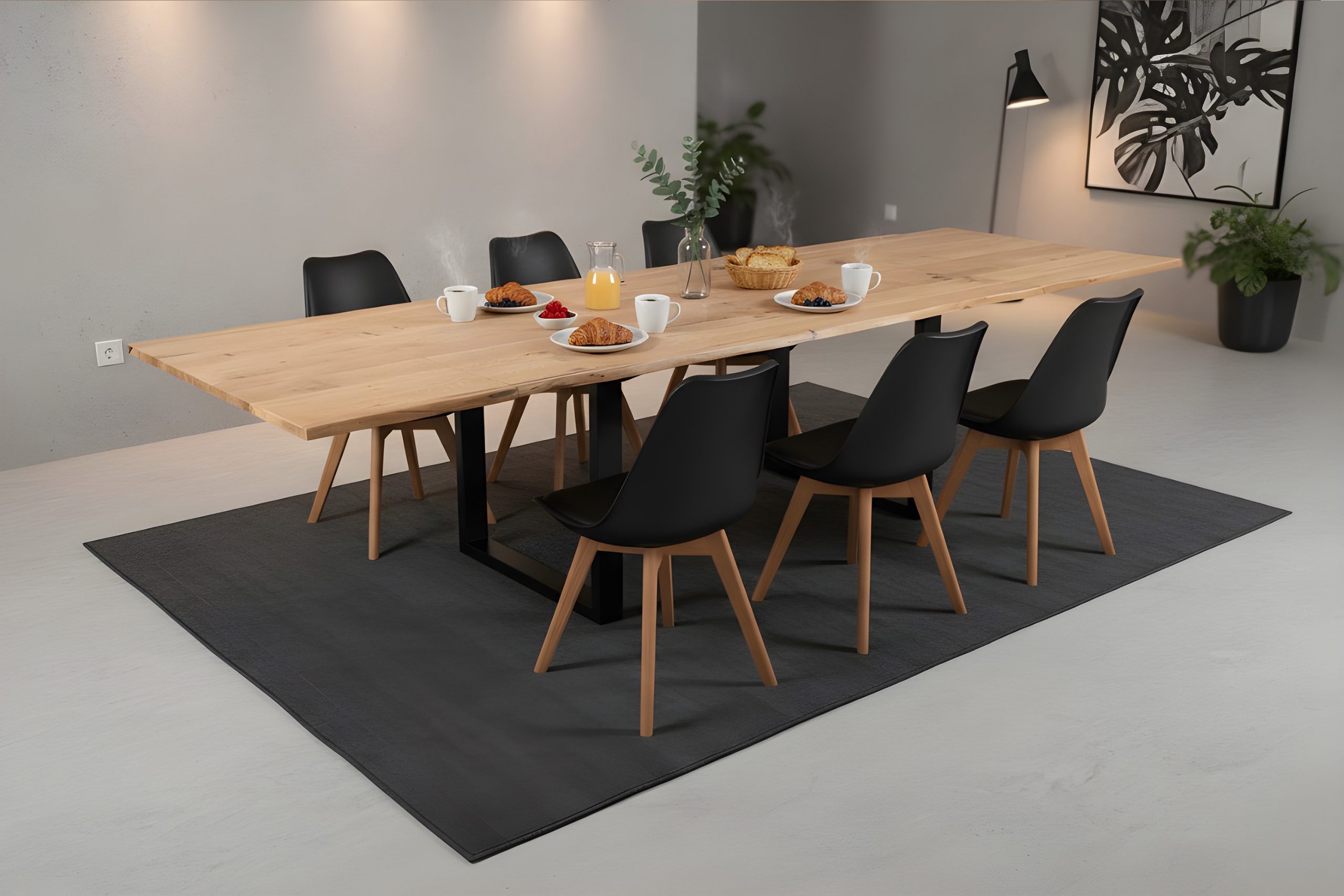 Esstisch 200(300)x100 cm mit Ansteckplatten Baumkante Wildeiche massiv U-Gestell schwarz SERRA – Bild 5