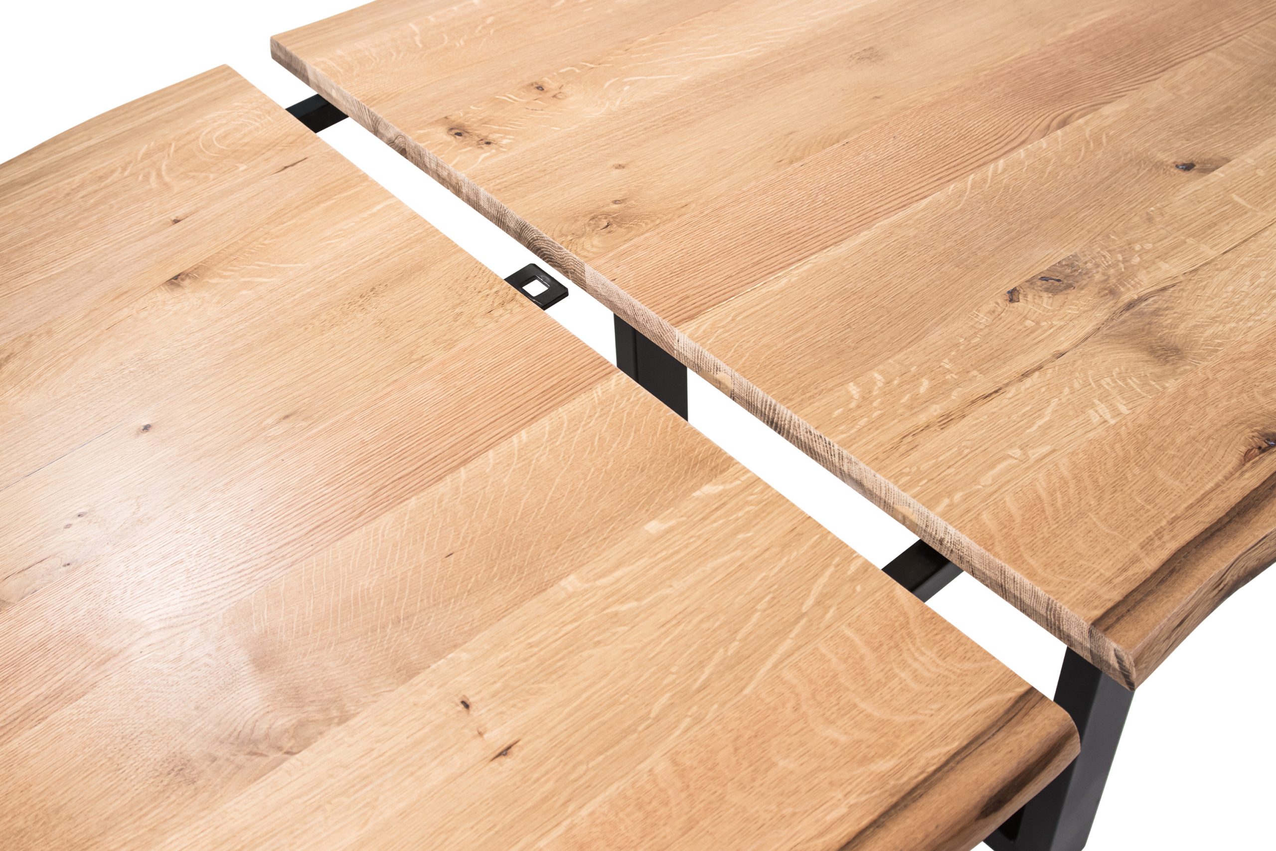 Esstisch 200(300)x100 cm mit Ansteckplatten Baumkante Wildeiche massiv U-Gestell schwarz SERRA – Bild 6