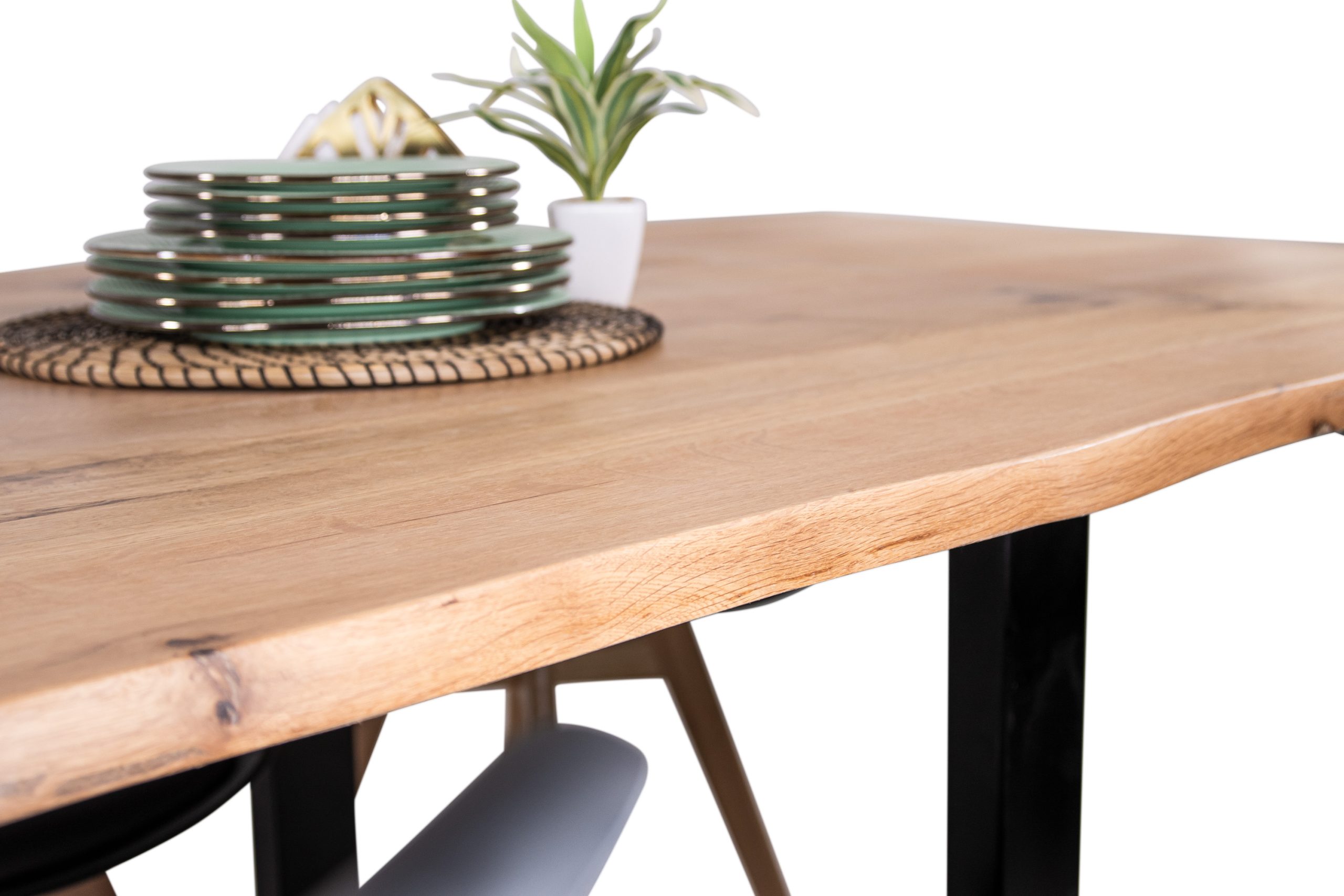 Esstisch 200(300)x100 cm mit Ansteckplatten Baumkante Wildeiche massiv U-Gestell schwarz SERRA – Bild 7