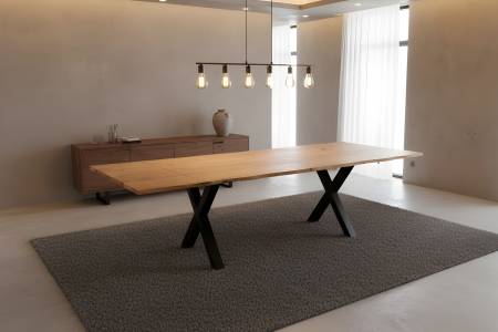 Esstisch 140(220)x80 cm mit Ansteckplatten Baumkante Wildeiche massiv X-Gestell schwarz SERRA