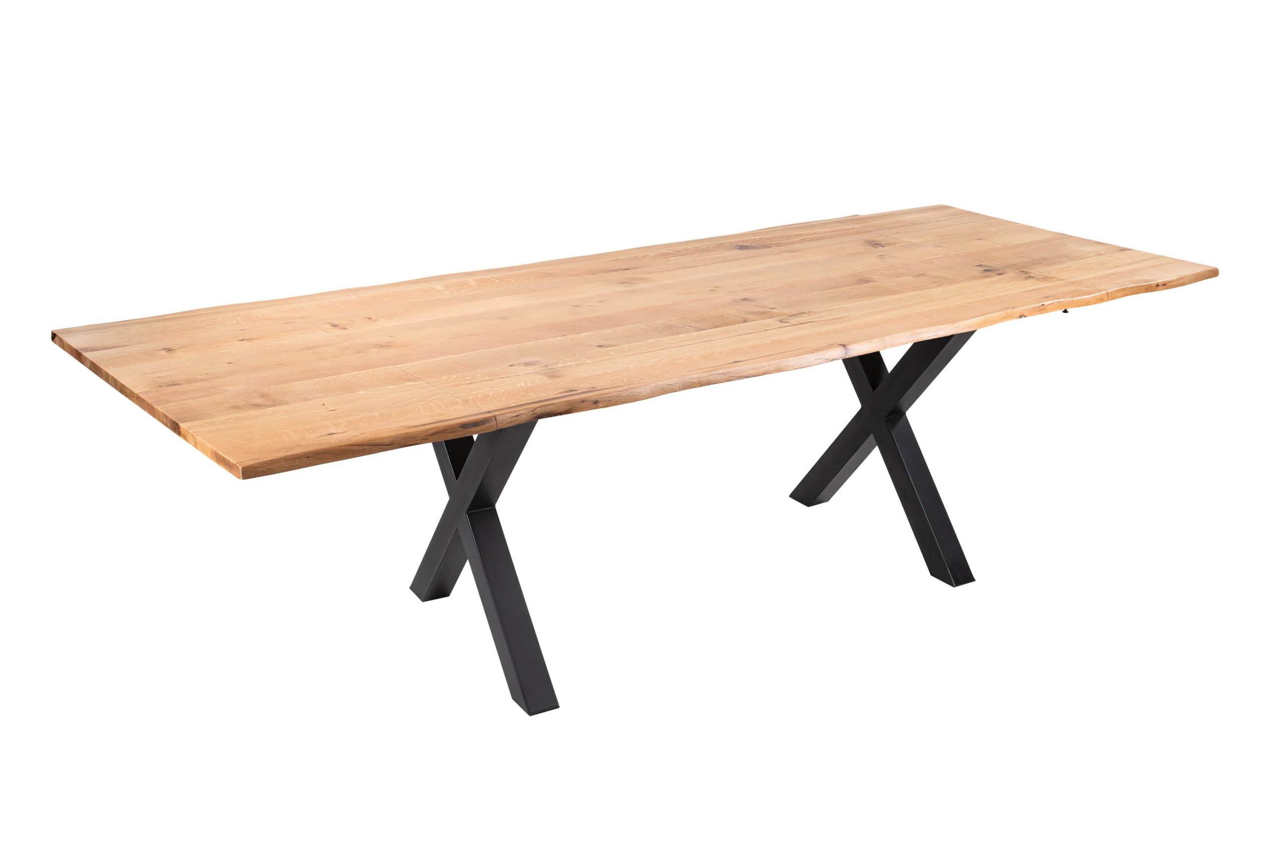 Esstisch 180(280)x90 cm mit Ansteckplatten Baumkante Wildeiche massiv X-Gestell schwarz SERRA – Bild 2