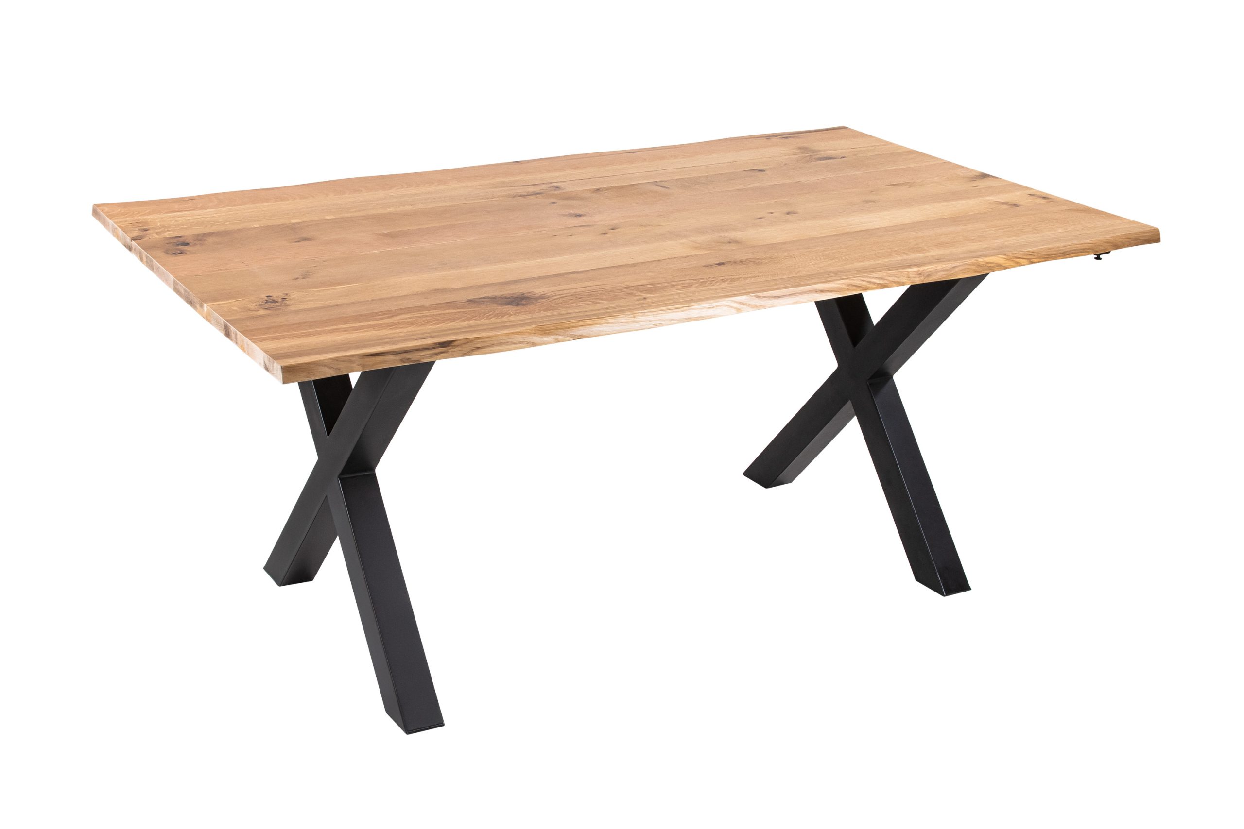 Esstisch 180(280)x90 cm mit Ansteckplatten Baumkante Wildeiche massiv X-Gestell schwarz SERRA – Bild 4
