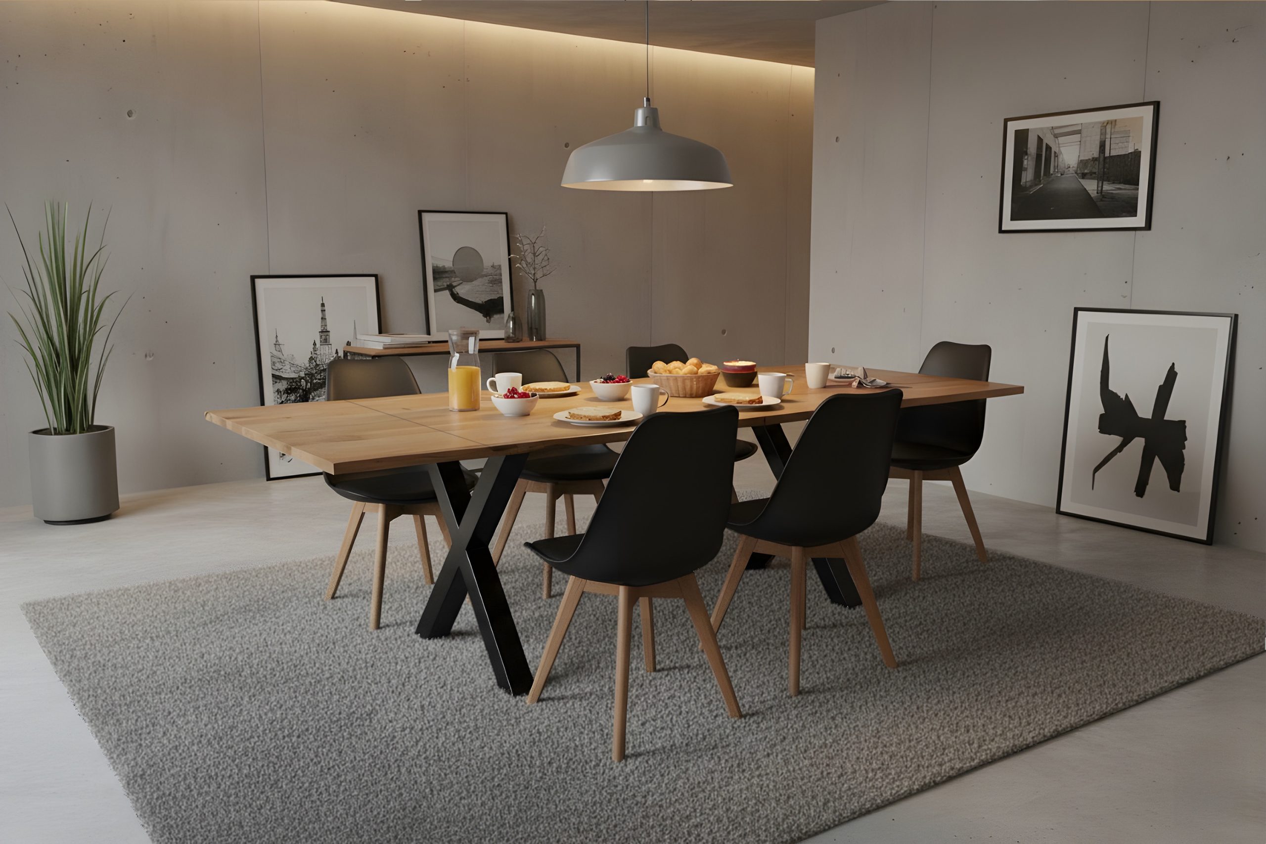 Esstisch 180(280)x90 cm mit Ansteckplatten Baumkante Wildeiche massiv X-Gestell schwarz SERRA – Bild 5