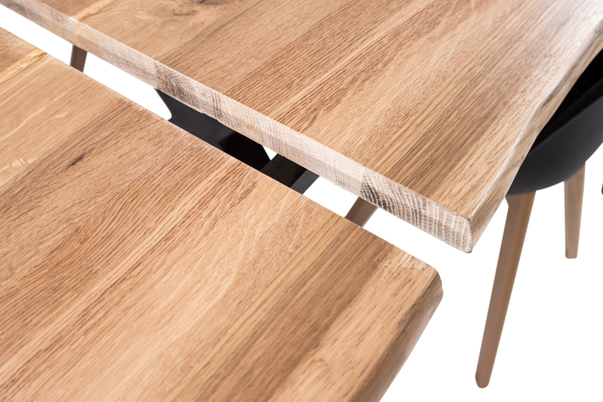 Esstisch 180(280)x90 cm mit Ansteckplatten Baumkante Wildeiche massiv X-Gestell schwarz SERRA – Bild 6