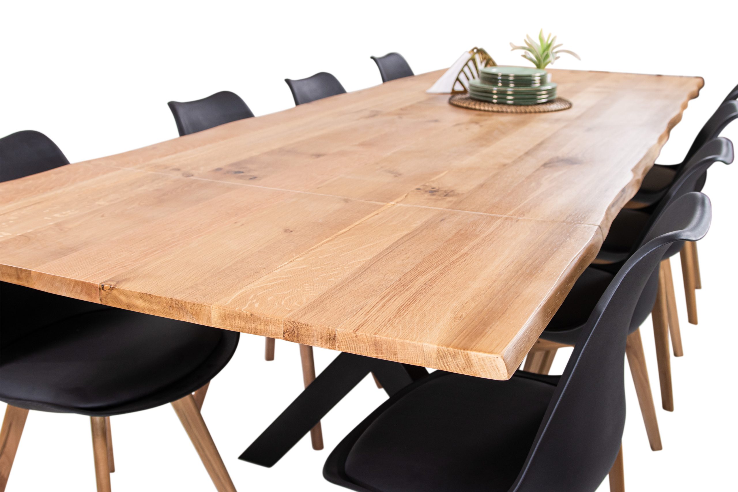 Esstisch 200(300)x100 cm mit Ansteckplatten Baumkante Wildeiche massiv X-Gestell schwarz SERRA – Bild 7