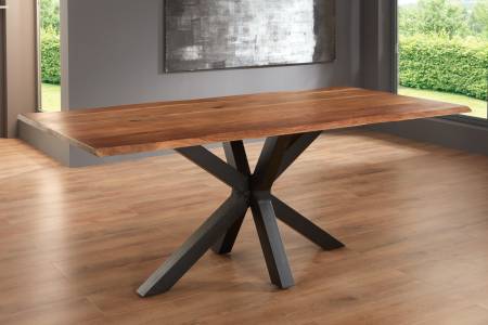 Esstisch Baumkante massiv Akazie nussbaum 180 x 90 Spider-Gestell schwarz SPYRO