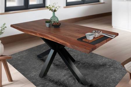 Esstisch Baumkante Akazie massiv Nussbaum 180 x 90 cm Spider-Gestell schwarz TIM