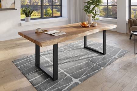 Baumkantentisch 240 x 120 cm Esstisch massiv Akazie Natur U-Gestell Schwarz TITAN