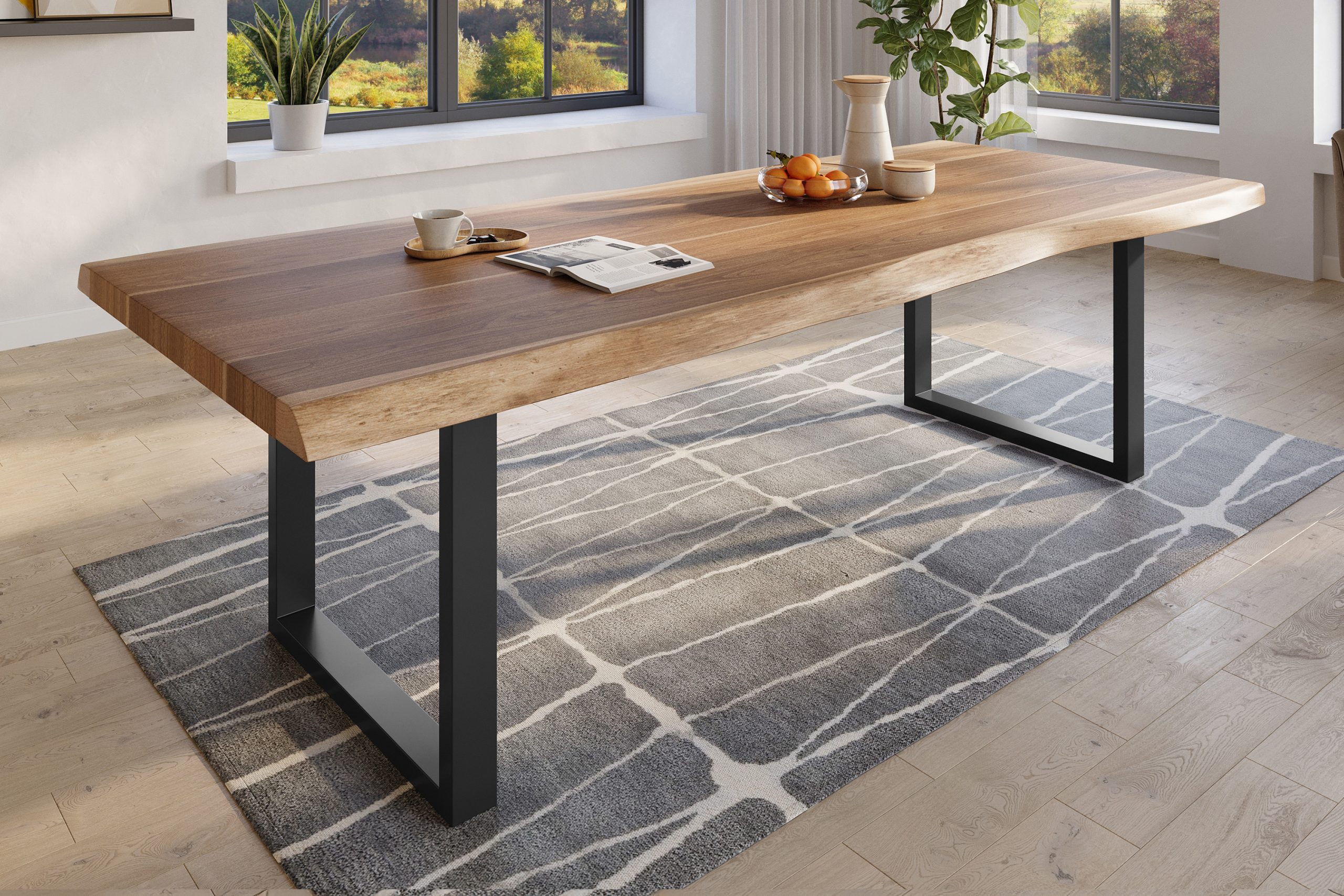 Baumkantentisch 260 x 120 cm Esstisch massiv Akazie Natur U-Gestell Schwarz TITAN