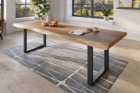 Baumkantentisch 280 x 110 cm Esstisch massiv Akazie Natur U-Gestell Schwarz TITAN