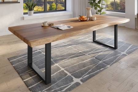 Baumkantentisch 300 x 120 cm Esstisch massiv Akazie Natur U-Gestell Schwarz TITAN