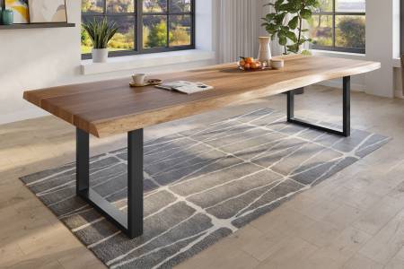 Baumkantentisch 400 x 120 cm Esstisch massiv Akazie Natur U-Gestell Schwarz TITAN