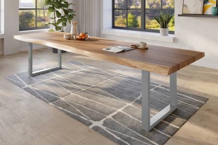 Baumkantentisch 300 x 110 cm Esstisch massiv Akazie Natur U-Gestell Silber TITAN