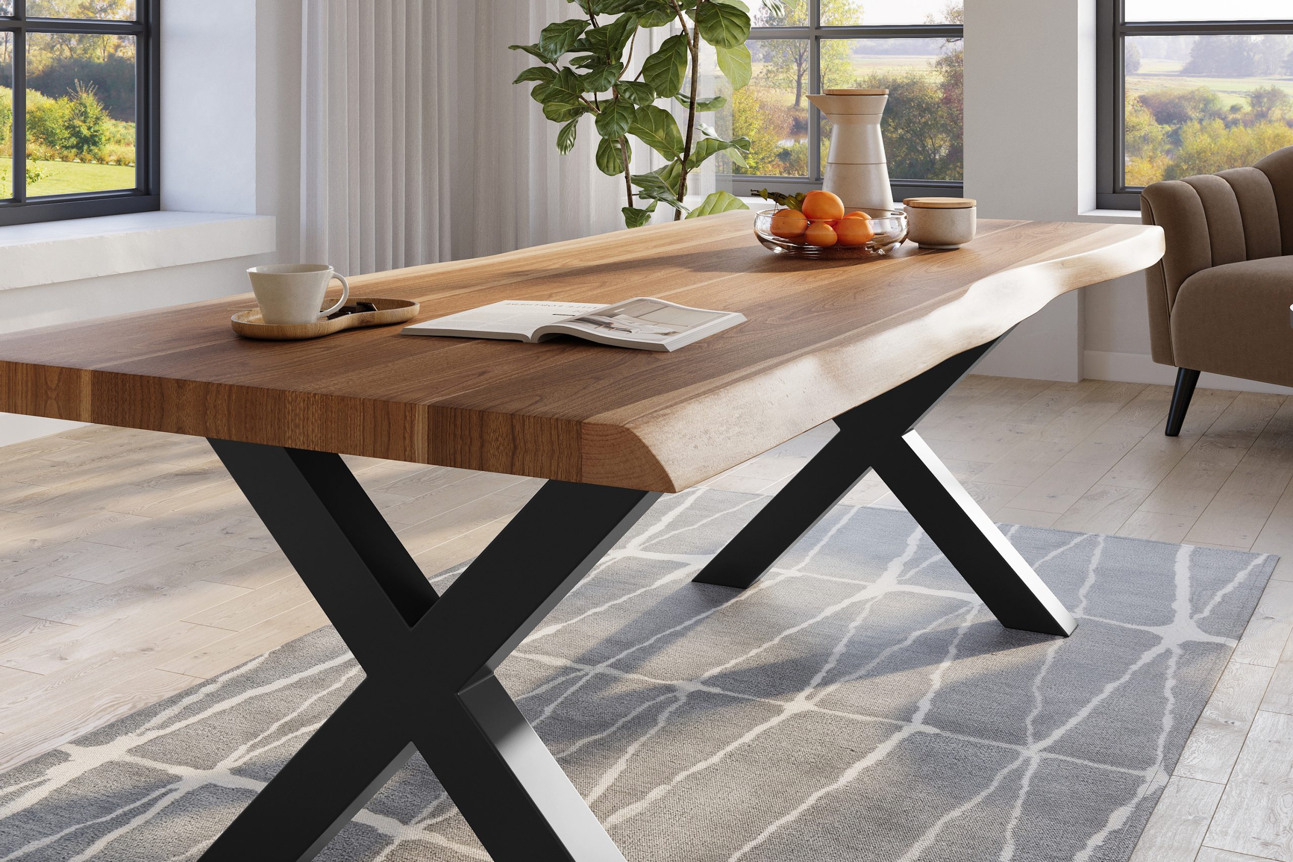 Baumkantentisch 200 x 110 cm Esstisch massiv Akazie Natur X-Gestell Schwarz TITAN – Bild 5