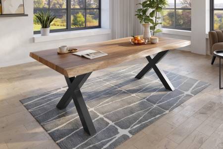Baumkantentisch 240 x 110 cm Esstisch massiv Akazie Natur X-Gestell Schwarz TITAN