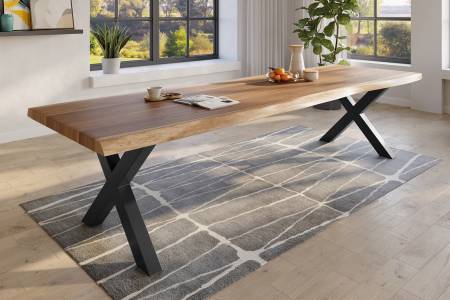 Baumkantentisch 300 x 120 cm Esstisch massiv Akazie Natur X-Gestell Schwarz TITAN