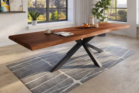 Baumkantentisch 300 x 110 cm Esstisch massiv Akazie Nussbaum Spider-Gestell Schwarz TITAN