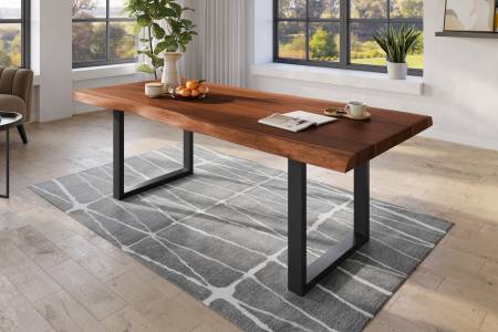 Baumkantentisch 220 x 110 cm Esstisch massiv Akazie Nussbaum U-Gestell Schwarz TITAN