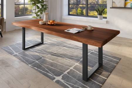 Baumkantentisch 260 x 110 cm Esstisch massiv Akazie Nussbaum U-Gestell Schwarz TITAN