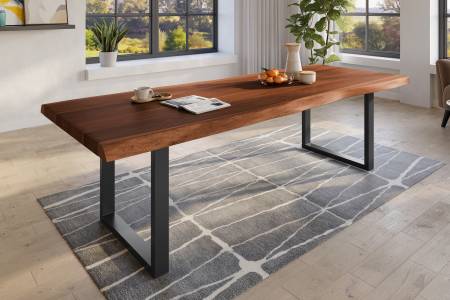 Baumkantentisch 280 x 120 cm Esstisch massiv Akazie Nussbaum U-Gestell Schwarz TITAN