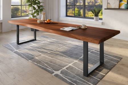 Baumkantentisch 300 x 110 cm Esstisch massiv Akazie Nussbaum U-Gestell Schwarz TITAN