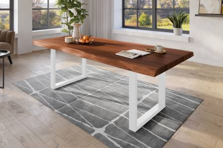 Baumkantentisch 220 x 110 cm Esstisch massiv Akazie Nussbaum U-Gestell Weiß TITAN