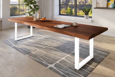 Baumkantentisch 300 x 110 cm Esstisch massiv Akazie Nussbaum U-Gestell Weiß TITAN