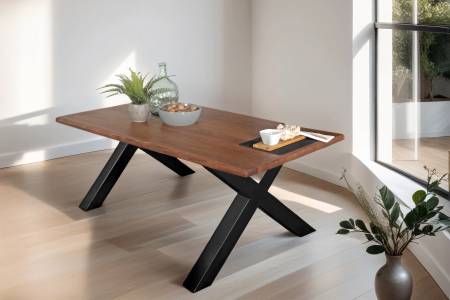 Esstisch Baumkante Akazie massiv Nussbaum 160 x 85 cm X-Gestell schwarz TOMASO