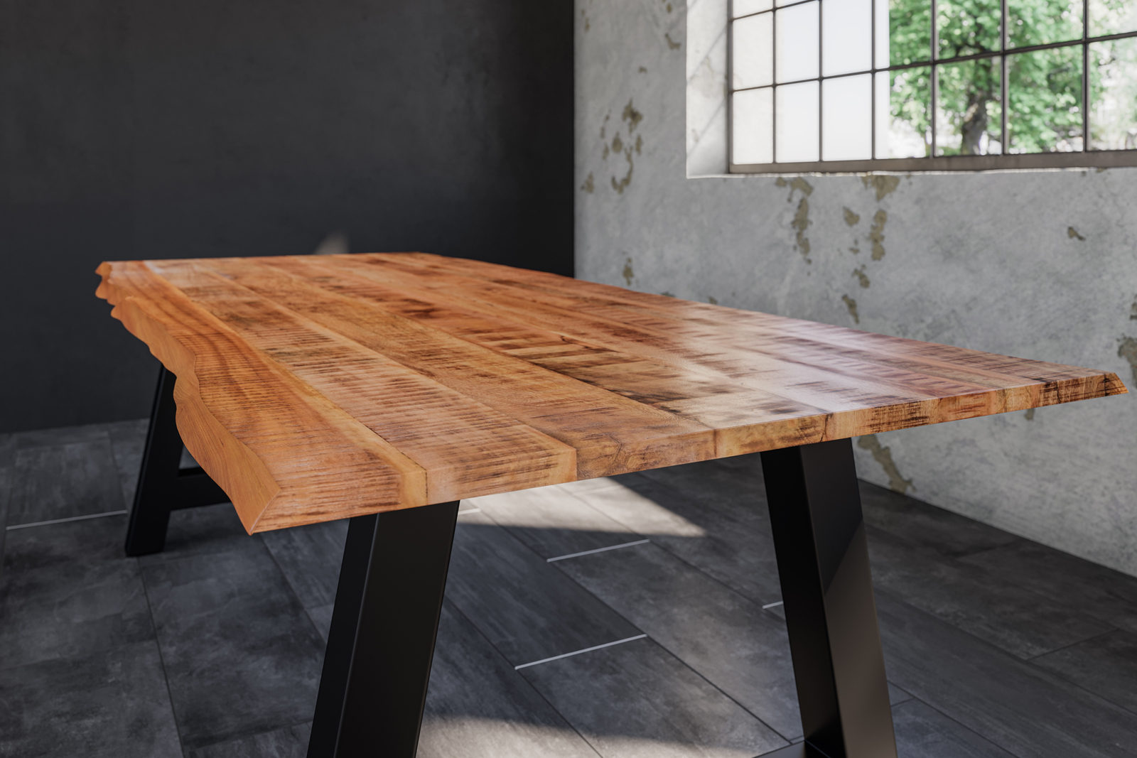 Baumkanten Essgruppe Mangoholz massiv 200 A-Gestell schwarz 7tlg. DORA – Bild 6