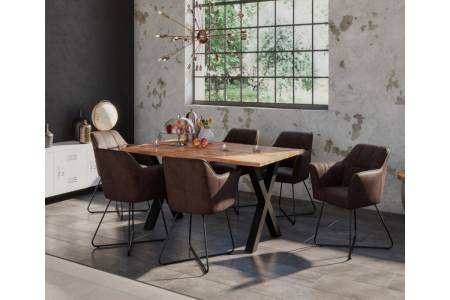 Baumkanten Essgruppe Mangoholz massiv 160 X-Gestell schwarz 7tlg. DORA