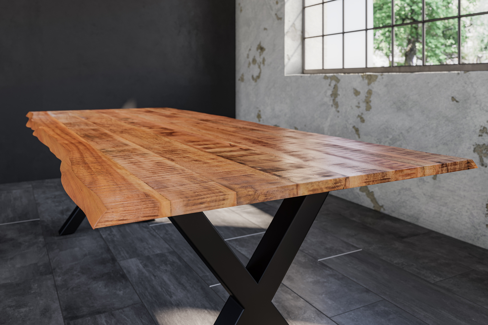 Baumkanten Essgruppe Mangoholz massiv 220 X-Gestell schwarz 7tlg. DORA – Bild 6