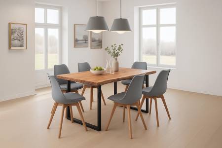 Essgruppe 7tlg. 180 x 90 cm Baumkante Akazie natur massiv 6x Schalenstühle Grau U-Gestell Schwarz QUINN