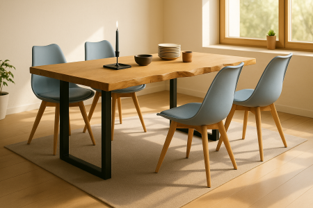 Tischgruppe 5tlg. 120 x 80 cm Baumkante Eiche massiv 4x Schalenstühle Grau U-Gestell Schwarz SERRA