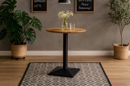 Bistrotisch rund mit Schweizer Kante Akazienholz natur massiv 60 cm Säulengestell schwarz BRASILIA