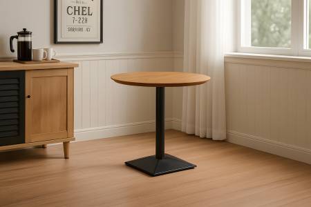 Bistrotisch rund mit Schweizer Kante Akazienholz natur massiv 80 cm Säulengestell schwarz BRASILIA