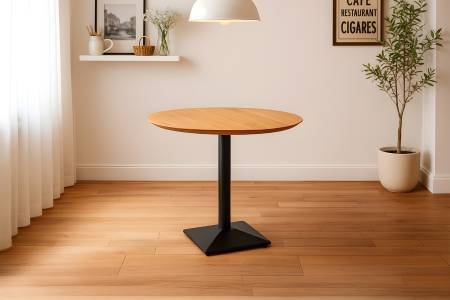 Bistrotisch rund mit Schweizer Kante Akazienholz natur massiv 90 cm Säulengestell schwarz BRASILIA