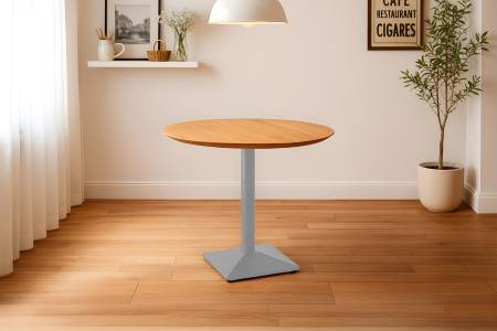 Bistrotisch rund mit Schweizer Kante Akazienholz natur massiv 100 cm Säulengestell silber BRASILIA