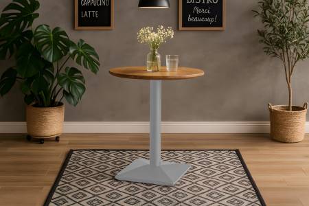 Bistrotisch rund mit Schweizer Kante Akazienholz natur massiv 60 cm Säulengestell silber BRASILIA